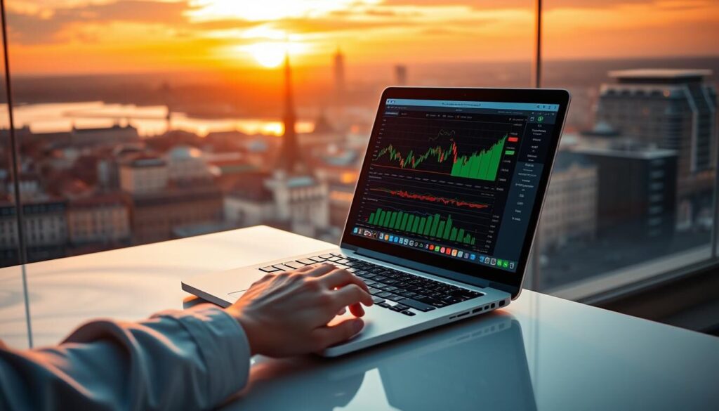 A chrome-plated laptop sits on a sleek, minimalist desk, its screen displaying a live forex trading dashboard. In the foreground, a pair of well-manicured hands gracefully navigate the charting tools, while the background features a panoramic view of the Stockholm skyline, bathed in the warm glow of a golden hour sunset. The scene conveys a sense of sophistication, efficiency, and the thrill of financial success in the heart of Sweden's vibrant financial capital.