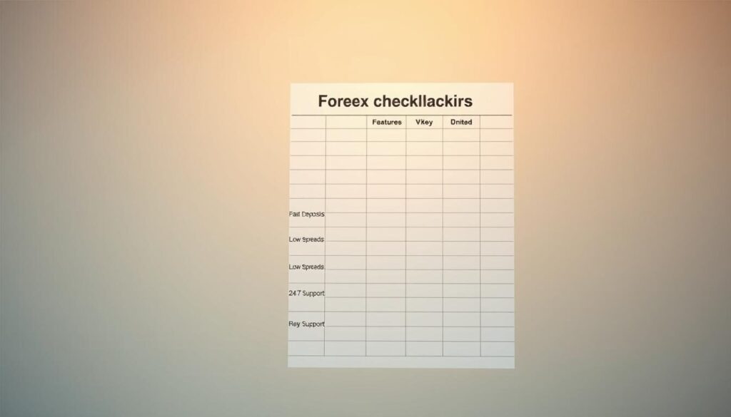 A clean, minimalist spreadsheet-style checklist against a soft, blurred background. The checklist features key features for a Forex broker, such as "Fast Deposits/Withdrawals", "Low Spreads", "Reliable Platform", "24/7 Support", and "Regulation Compliance", with each item presented in a simple, easy-to-read format. The layout is professional and organized, conveying the diligence and research required when selecting a Forex broker. Subtle lighting casts a warm, inviting glow, and the composition is balanced, allowing the checklist to be the central focus.