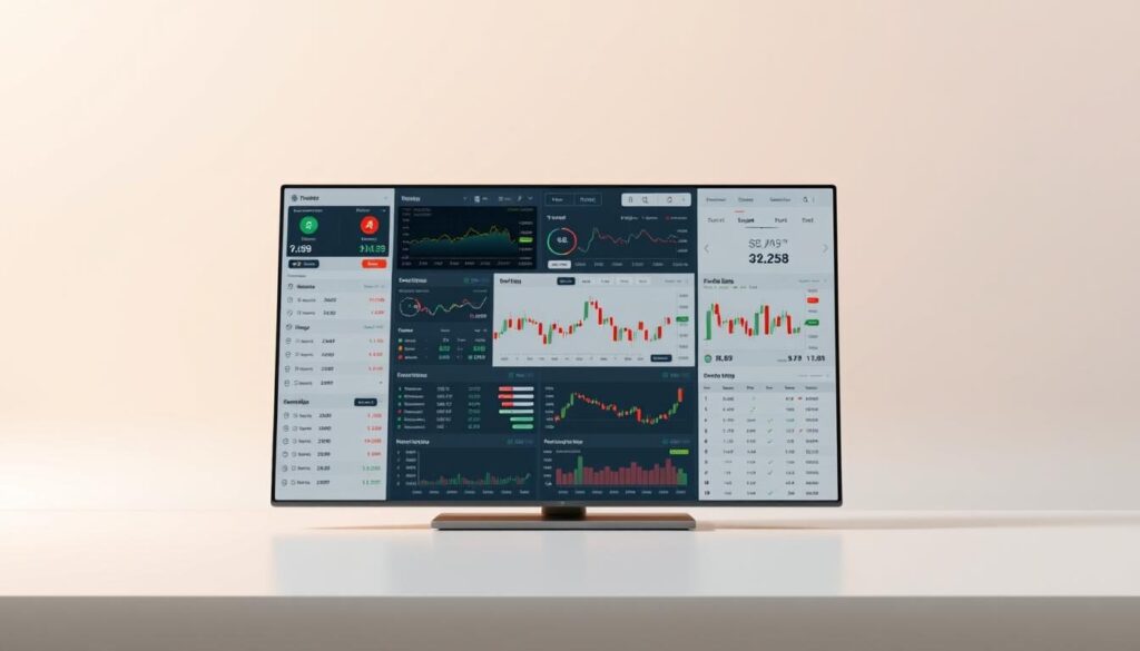A clean, minimalist trading platform interface showcasing a side-by-side comparison of various trading tools and analytics. Sleek, modern design with crisp, high-resolution panels displaying real-time market data, order books, and customizable chart views. The foreground features an intuitive dashboard with easily accessible trading controls, portfolio management, and settings. The middle ground displays detailed performance metrics, technical indicators, and asset watch lists. The background subtly fades into a soft, neutral gradient, allowing the central platform to be the focal point. Subtle metallic accents and warm lighting lend a sophisticated, professional ambiance, reflecting the high-stakes world of online trading.