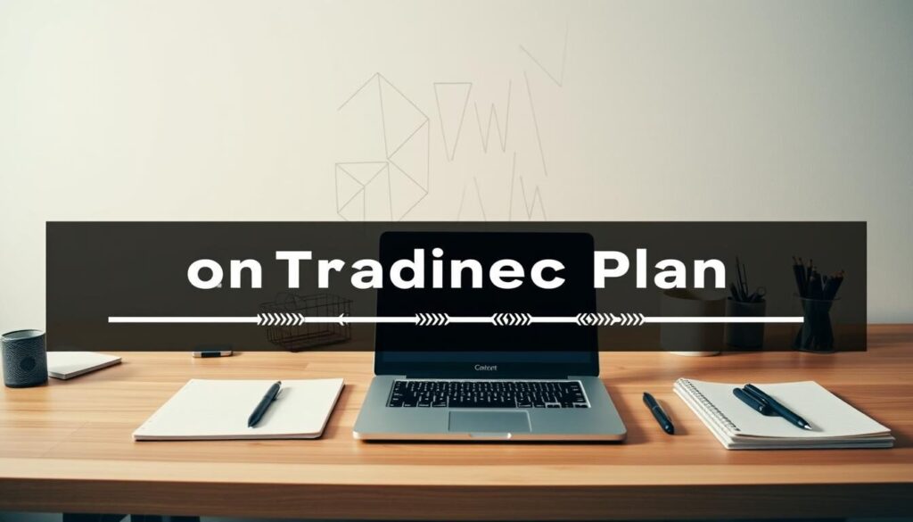 A clean, minimalist workspace with a laptop, notebook, and various office supplies arranged on a wooden desk. The lighting is soft and warm, creating a calm, focused atmosphere. In the background, a simple geometric pattern on the wall provides visual interest without distracting from the main elements. The image conveys the fundamentals of a structured, organized trading plan, emphasizing the importance of a well-designed workspace and clear, disciplined thought processes.