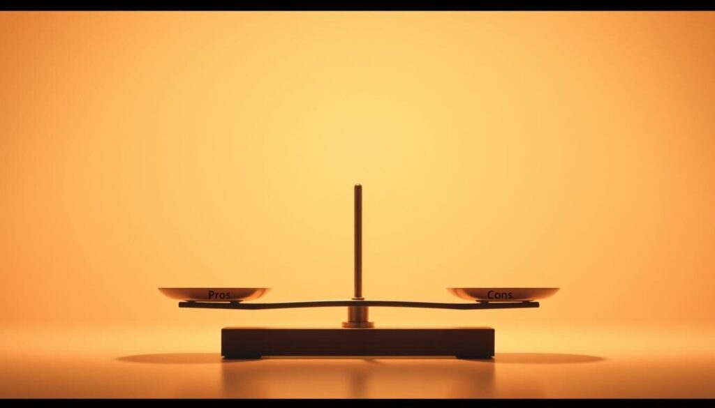 A clean, minimalistic illustration depicting the pros and cons of financial brokers. In the foreground, a central scale balances the weighted pros and cons, each represented by simple icons or symbols. The background features a soft, muted gradient in warm hues, creating a sense of depth and focus on the central scale. The lighting is soft and diffused, casting gentle shadows to accentuate the three-dimensional elements. The overall mood is one of thoughtful consideration, inviting the viewer to weigh the tradeoffs of using a financial broker service.