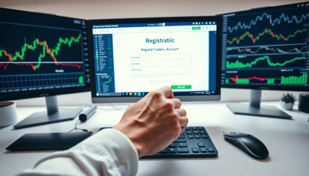 A clean, modern desktop setup with a computer monitor, keyboard, and mouse. In the foreground, a hand is filling out an online forex trading account registration form on the screen. Behind it, various financial charts, graphs, and analysis tools are displayed, conveying the technical aspects of forex trading. The lighting is bright and natural, creating a professional, focused atmosphere. The camera angle is slightly elevated, giving a bird's-eye view of the setup, emphasizing the step-by-step process of opening a forex trading account.