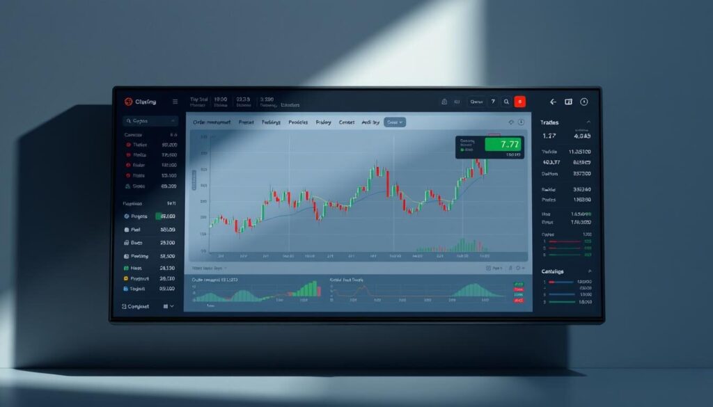 A clean, modern trading platform with a sleek, intuitive interface. A large central chart takes up the foreground, showcasing real-time market data and dynamic price movements. Surrounding it, a series of customizable widgets and tools, including order management, risk analysis, and portfolio tracking. The background features a minimalist design with subtle gradient textures, creating a sense of depth and professionalism. Muted tones of grays and blues evoke a calm, focused atmosphere, ideal for meticulously examining financial data and making informed trading decisions. Dramatic lighting from the side casts dramatic shadows, accentuating the platform's depth and sophistication.