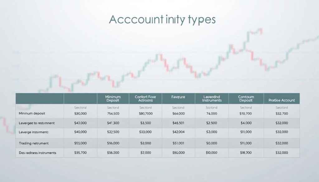 A clean, professional-looking chart displaying different forex account types, with a neutral color palette and clean lines. The foreground should feature a table or grid layout showcasing the account types, with clear labels and key details like minimum deposit, leverage, and trading instruments. The middle ground could depict a stock market graph or chart, hinting at the financial nature of the content. The background should have a subtle texture or pattern, such as a faint grid or financial data visualization, to reinforce the theme. The lighting should be soft and even, creating a sense of clarity and professionalism. The composition should be well-balanced, with a clear focal point on the account types information.