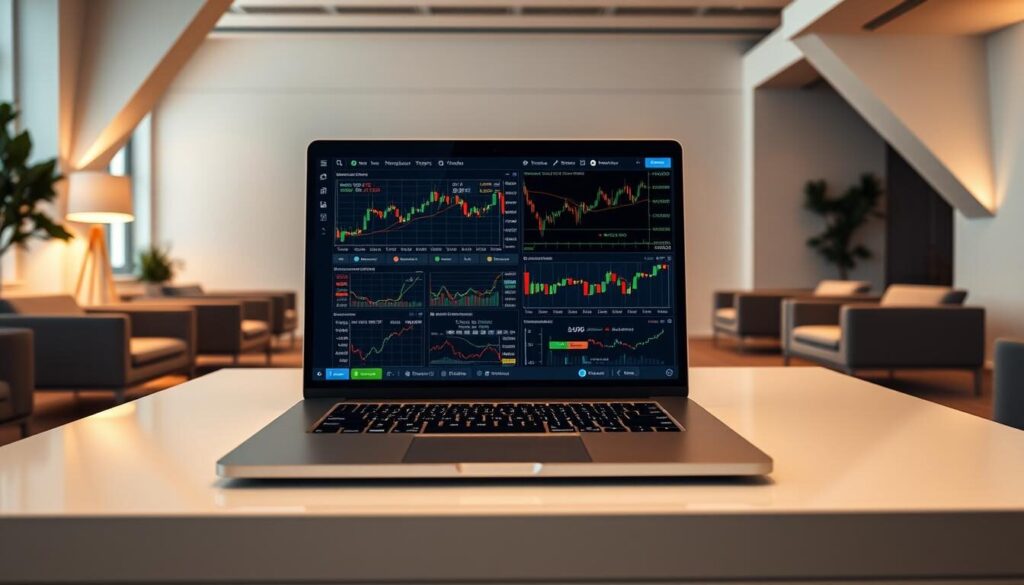 A clean, well-lit tabletop with a forex trading platform interface displayed on a modern laptop. In the foreground, an array of financial charts and data visualizations depicting forex spreads, bid-ask prices, and market volatility. The middle ground showcases various trading tools and indicators, while the background features a minimalist office setting with sleek furniture and geometric architectural details. The lighting is warm and balanced, creating a professional, analytical atmosphere. The overall scene conveys a sense of precision, performance, and the nuanced factors involved in forex trading costs and spreads.
