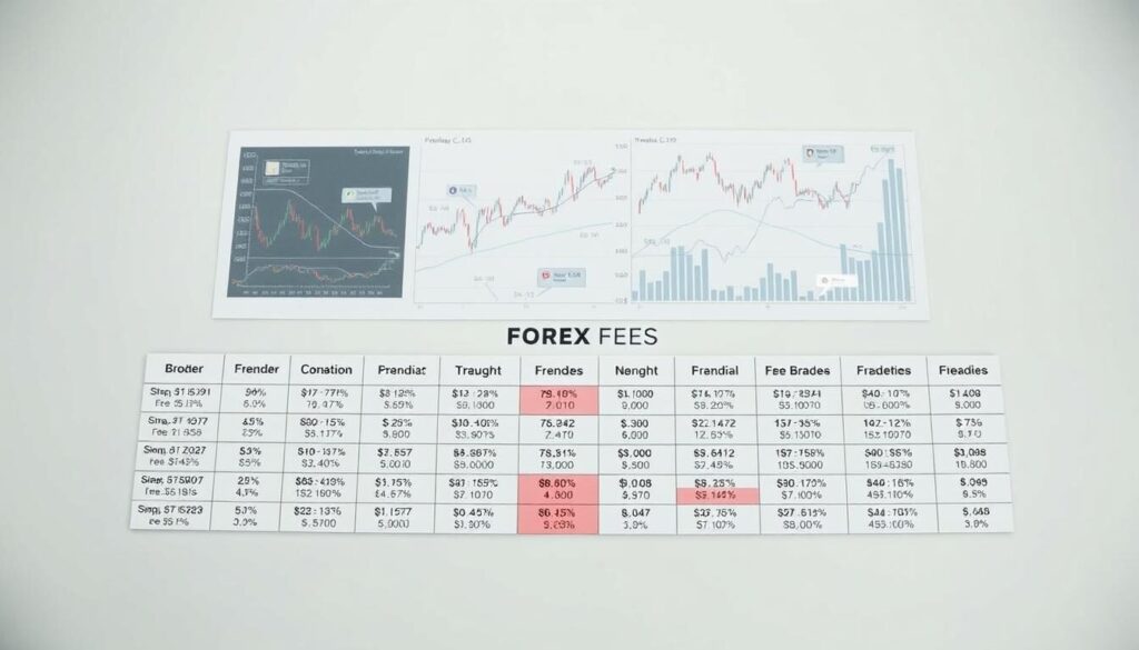 A clear, detailed comparison of forex fees from multiple brokers, captured in a well-lit overhead shot. In the foreground, a grid of neatly organized fee structures, each broker's data shown in distinct colors and layouts. The middle ground features abstract financial graphs and charts, conveying the complex nature of forex trading costs. The background is a sleek, minimalist setting, with muted tones and clean lines to create a professional, informative atmosphere. The composition is balanced, drawing the viewer's eye to the key fee comparison details at the center of the frame.
