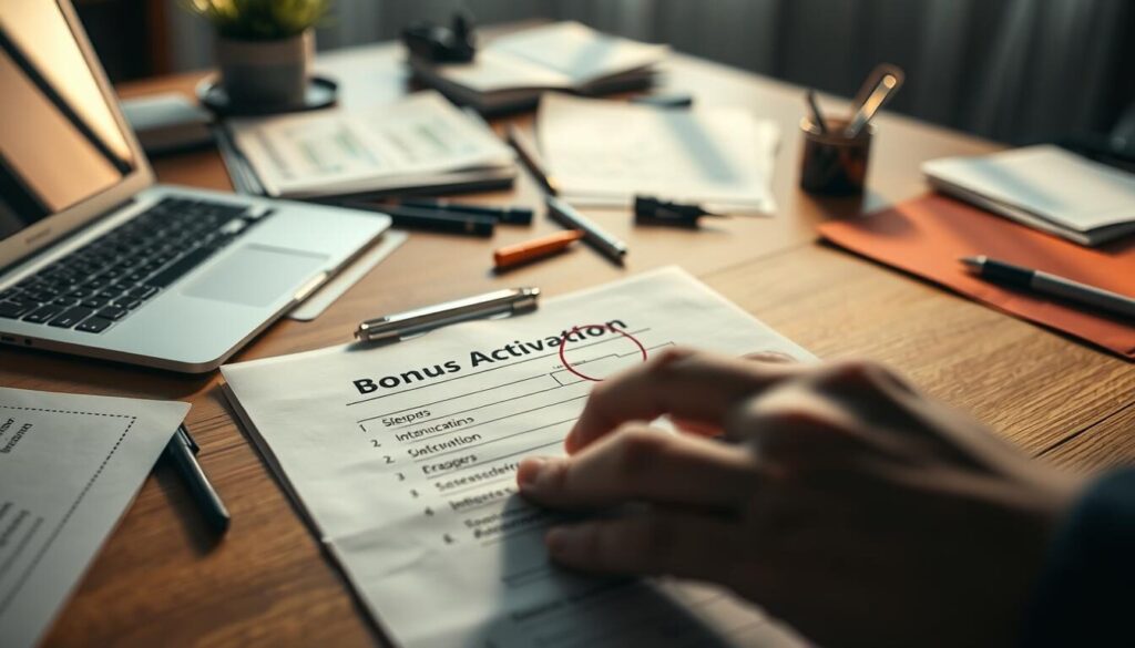 A closeup view of a desk with financial documents, a laptop, and various office supplies. In the foreground, a hand is circling steps on a form labeled "Bonus Activation". The scene is lit by a warm, soft light from the side, casting subtle shadows. The background is slightly blurred, creating a sense of depth and focus on the main action. The overall mood is one of diligence and attention to detail, reflecting the process of claiming a forex deposit bonus.