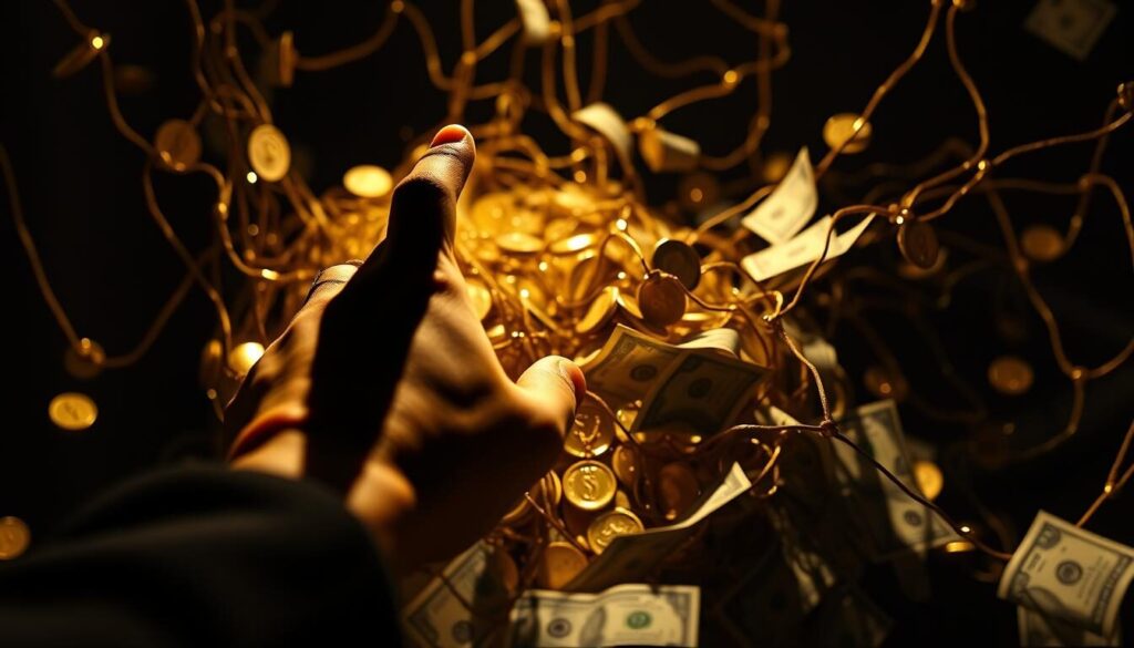 A closeup view of a hand reaching for a tangled web of shiny golden coins and glittering dollar bills, representing the allure of get-rich-quick forex scam bonuses. The foreground is sharply in focus, casting long shadows across a dimly lit, shadowy background, conveying a sense of deception and danger. The lighting is dramatic, creating a high-contrast, cinematic atmosphere. The angle is slightly tilted, adding a sense of unease and instability. The overall mood is one of cautionary suspense, warning the viewer to be wary of such deceptive promotional offers.