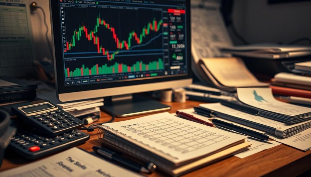 A cluttered desktop filled with various trading tools and financial analytics charts. A computer monitor displays candlestick graphs and stock tickers, surrounded by a collection of calculator, pen, notebook, and research documents. Soft, warm lighting illuminates the scene, creating a focused, analytical atmosphere. The overall composition conveys the methodical, data-driven nature of financial analysis and market research. Depth of field blurs the background, emphasizing the centrality of the trading tools and data visualization.