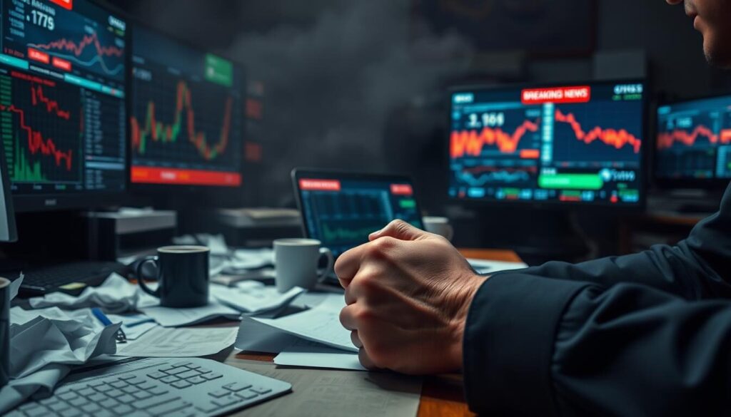 A cluttered, dimly-lit trading desk, strewn with crumpled charts, coffee mugs, and a laptop displaying volatile market data. In the foreground, a trader's hands grip the desk, knuckles white with tension, as a look of anguish crosses their face. The middle ground is hazy, with stock tickers and financial indicators flickering erratically on the computer screen, creating a sense of overwhelming complexity. The background is obscured, save for the faint glow of a television screen displaying breaking news of an economic crisis. The scene conveys the emotional turmoil and psychological pitfalls of high-stakes trading, where rash decisions and emotional impulses can lead to disastrous consequences.