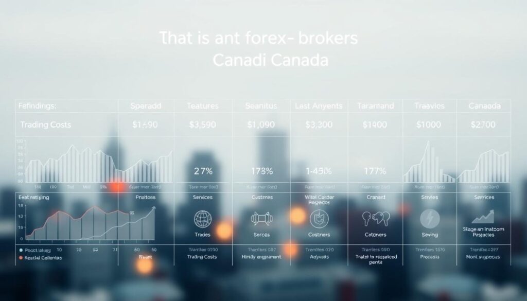 A comparative data visualization of the leading forex brokers in Canada, captured through a clean and minimalist design. In the foreground, a series of sleek, streamlined charts and graphs showcase key metrics such as spreads, trading costs, and customer satisfaction ratings. The middle ground features subtle icons and symbols representing different broker services and features. In the background, a soft, muted color palette evokes a sense of professionalism and reliability, while strategically placed highlights draw the viewer's eye towards the most salient data points. The overall image emanates a sense of clarity, precision, and a data-driven approach to evaluating the best forex brokers in the Canadian market.