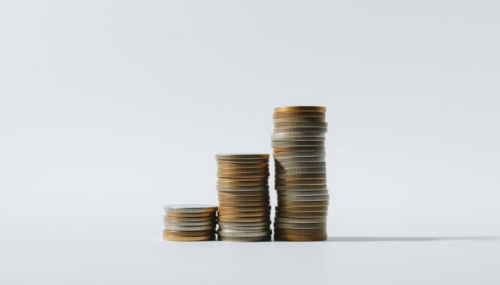 A comparison of forex trading fees, set against a clean, minimalist background. In the foreground, three stacks of coins represent different fee structures - a lower stack, a medium stack, and a taller stack, symbolizing high fees. The lighting is soft and directional, casting subtle shadows that emphasize the dimensional aspect of the coins. The camera angle is slightly elevated, giving a bird's-eye view of the scene, conveying a sense of overview and analysis. The overall mood is one of clarity and focus, guiding the viewer's attention to the key elements of the comparison.