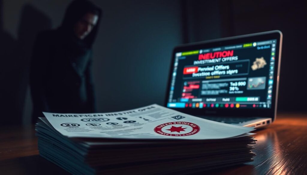A compelling image of online trading scam red flags, captured in a dramatic, high-contrast style. In the foreground, a stack of suspicious financial documents, stamped with warning symbols and ominous seals. In the middle ground, a laptop screen displays deceptive investment offers, with flashing lights and glitzy graphics. In the background, a shadowy figure lurks, casting an ominous presence. The lighting is dramatic, with strong shadows and highlights, creating a sense of tension and unease. The overall mood is one of caution and vigilance, underscoring the need to be wary of online trading scams and fraudulent tactics.