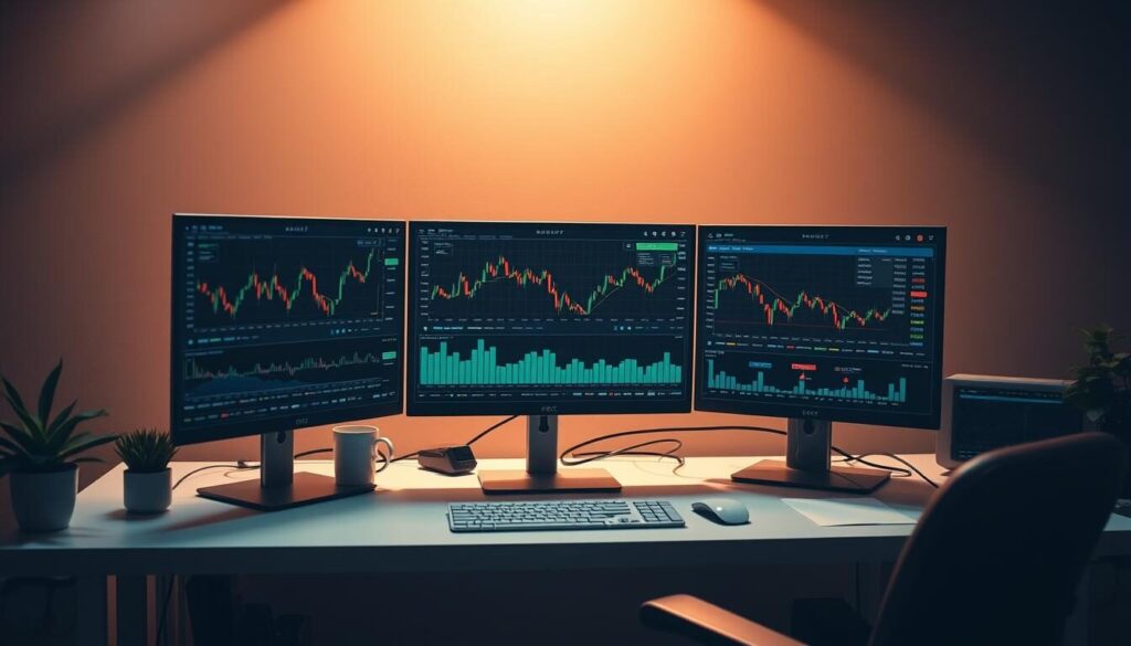 A comprehensive comparison of forex brokers in the United States, showcased in a dynamic and visually engaging manner. The image depicts a sleek desktop workspace, with various financial charts, graphs, and analytical tools displayed on multiple high-resolution monitors. The brokers' logos are subtly integrated into the design, creating a professional and trustworthy atmosphere. The lighting is soft and directional, casting a warm glow across the scene, while the camera angle is slightly elevated to provide a bird's-eye view, conveying a sense of authority and expertise. The overall composition is well-balanced, with a harmonious blend of digital and analog elements, reflecting the intersection of technology and finance in the forex trading industry.