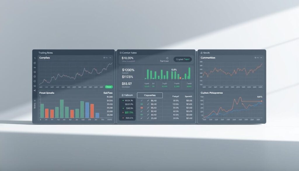 A comprehensive comparison of trading fees and spreads across different financial instruments, presented on a sleek, modern data visualization dashboard. In the foreground, clean graphs and charts display side-by-side comparisons of commission rates, swap fees, and bid-ask spreads for forex, stocks, commodities, and cryptocurrencies. The middle ground features interactive UI elements allowing users to toggle between different asset classes and brokers. The background sets a neutral, minimalist tone with subtle grid lines and soft gradients, highlighting the clarity and precision of the financial data. Ambient studio lighting casts gentle shadows, creating depth and directing the viewer's focus to the informative visuals. The overall composition conveys a sense of professionalism, functionality, and transparency - essential qualities for understanding the nuances of trading costs.