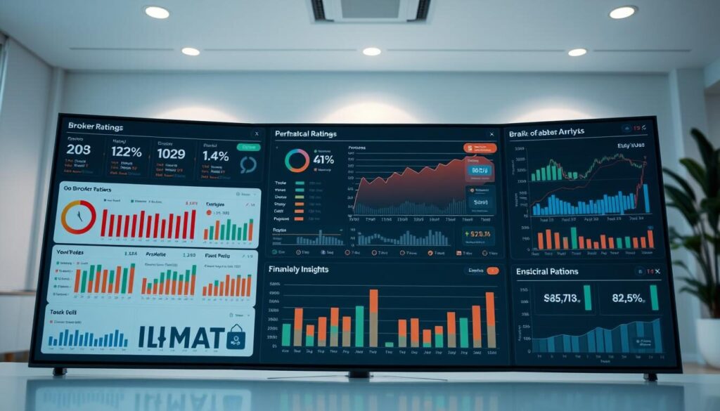 A comprehensive financial analysis dashboard displaying detailed broker ratings, Trustpilot reviews, and market insights. The foreground showcases a sleek interface with interactive graphs, charts, and metrics evaluating broker performance, customer satisfaction, and industry trends. The middle ground features thoughtfully curated data visualizations, while the background depicts a clean, minimalist workspace with subtle lighting and a calming color palette to enhance the professional, trustworthy atmosphere. The overall composition conveys a sense of in-depth market research, data-driven decision making, and reliable financial guidance for discerning investors.