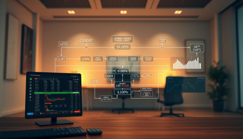 A comprehensive order execution process featuring a detailed, three-dimensional illustration. The foreground depicts a securities trading platform interface, with various order types and execution options clearly visible. The middle ground showcases the order flow, from order placement to execution, with intricate visuals representing market conditions, price levels, and order book dynamics. The background sets the scene with a clean, minimalist office environment, emphasizing the professional nature of the trading activities. Warm, neutral lighting casts a serene, authoritative tone, while a shallow depth of field keeps the focus on the essential elements of the order execution workflow. The overall composition effectively communicates the key aspects of this critical financial process.