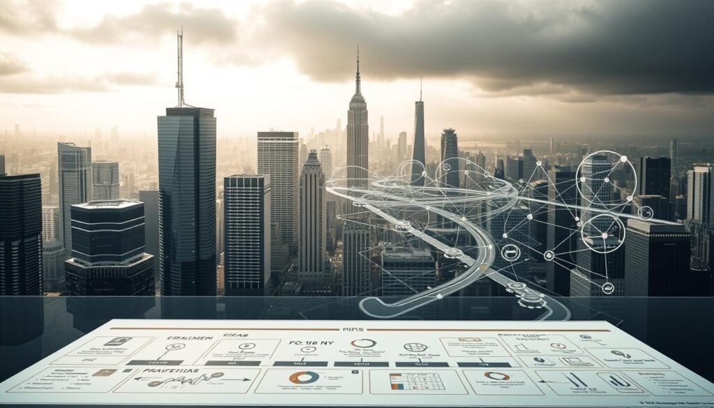 A comprehensive risk management framework, seamlessly integrated with finance and operations. In the foreground, a detailed schematic depicting interconnected risk factors, KPIs, and control mechanisms. In the middle ground, an intricate web of data flows, analytics, and decision-making processes. The background showcases a futuristic cityscape, symbolizing the dynamic, technology-driven nature of modern finance. Muted tones convey a sense of professionalism and stability, while strategic use of light and shadow adds depth and dimension. The overall impression is one of a robust, adaptable risk management system, designed to navigate the complexities of the Forex trading landscape.
