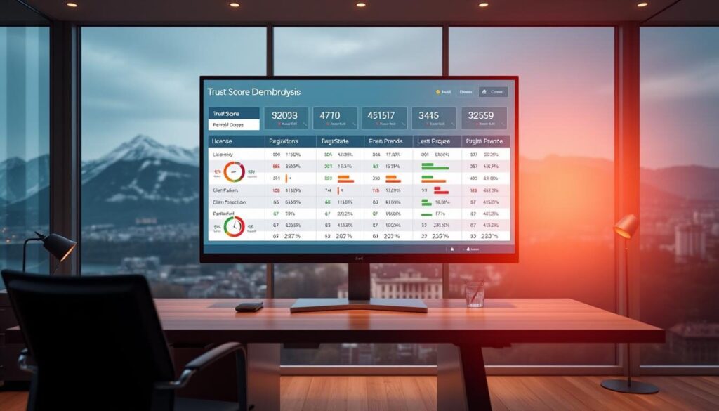 A comprehensive trust score analysis dashboard displayed on a high-resolution monitor, showcasing a detailed comparison of top forex brokers in Switzerland. The foreground features sleek infographic visualizations of key metrics such as licensing, regulation, client funds protection, and customer satisfaction. The middle ground depicts a modern office setting with a wooden desk, ergonomic chair, and subtle lighting. The background subtly blends the Swiss Alps and the cityscape of Zurich, conveying a sense of professionalism and Swiss financial expertise. The overall scene exudes a sophisticated, data-driven, and authoritative atmosphere, perfectly suited to illustrate the "Broker Comparison and Trust Score Analysis" section of the article.