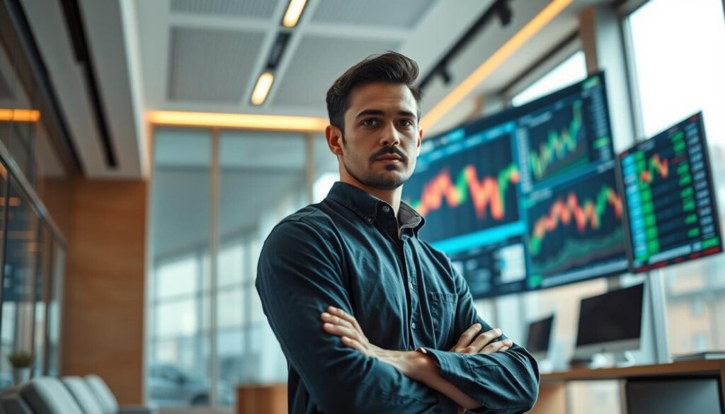 A confident trader standing in a well-lit, modern office, their gaze fixed on a large display showing stock charts. The trader's expression exudes determination and focus, conveying the benefits of trading with a no-deposit bonus - the ability to take calculated risks, gain experience, and build wealth without risking personal funds. The office interior features sleek, minimalist design elements, with large windows allowing natural light to flood the space. The overall atmosphere suggests a sense of professionalism, financial acumen, and the potential for growth and success in the world of forex trading.