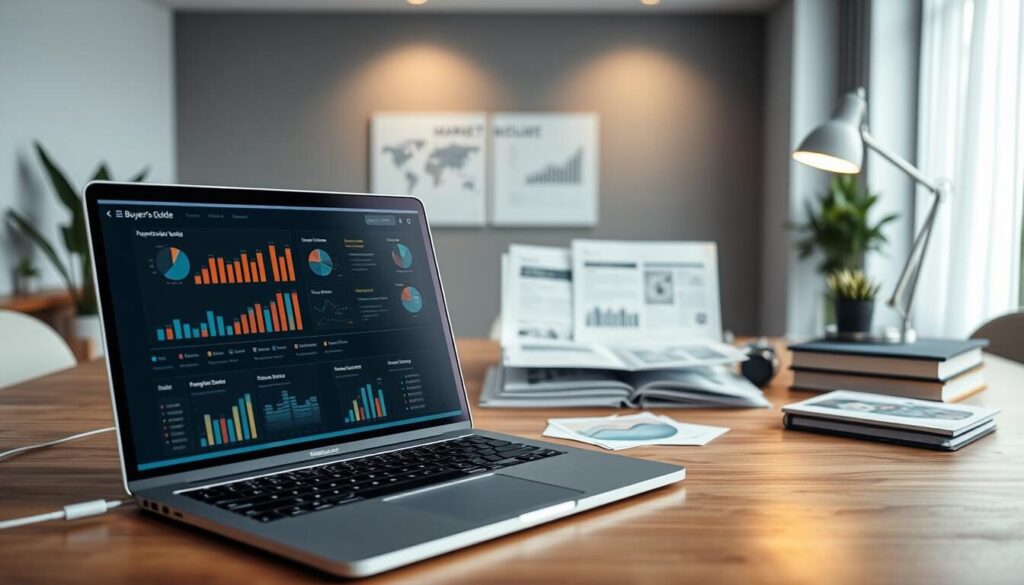 A contemporary analysis dashboard featuring a detailed buyer's guide report, showcased in a sleek, minimalist workspace. The foreground displays a laptop screen with interactive charts, graphs, and data visualizations, meticulously crafted to reveal market insights. In the middle ground, a carefully curated collection of research materials, including reports and documents, is neatly organized on a wooden desk. The background conveys a sense of professional serenity, with soft, indirect lighting illuminating the scene and creating a calming, focused atmosphere, ideal for in-depth financial research and analysis.