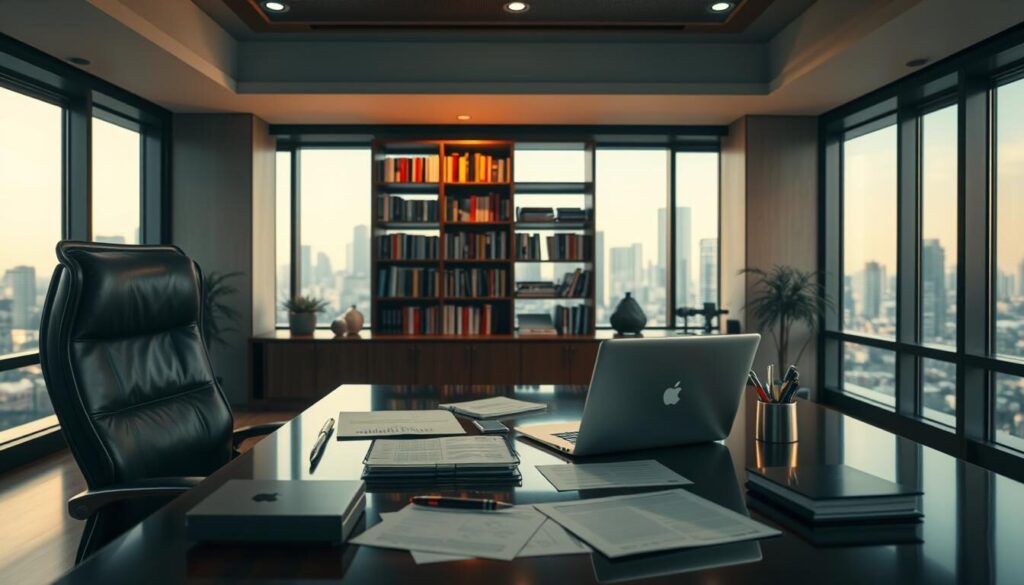 A contemporary business office interior with a large desk, a high-back leather chair, and a well-stocked bookshelf in the background. Soft, warm lighting casts a professional, authoritative atmosphere. On the desk, a laptop, a pen holder, and various financial documents are neatly arranged, conveying a sense of organization and trustworthiness. The room features large windows overlooking a cityscape, symbolizing the platform's global reach and transparency. The overall scene evokes a successful, reputable, and reliable trading platform that prioritizes the client's best interests.