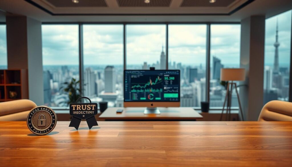 A contemporary office setting with a warm, professional atmosphere. In the foreground, a wooden desk displays various trust indicators - a visible security seal, a trust badge, and a prominent "Regulated by FSCA" logo. The middle ground showcases a desktop computer displaying financial data and regulatory information. The background features floor-to-ceiling windows offering a panoramic view of a bustling city skyline, conveying a sense of reliability and transparency. Soft, diffused lighting illuminates the scene, creating a welcoming and trustworthy ambiance.