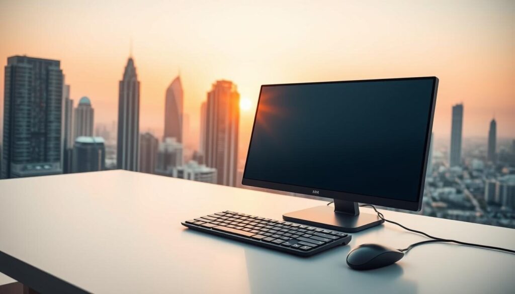 A cost-efficient trading platform with a minimalist, clean interface. The foreground features a sleek desktop computer setup with a widescreen monitor, wireless keyboard and mouse. In the background, a cityscape of modern high-rise buildings glimmers under a warm, golden sunset. Soft, diffused lighting creates a serene, professional atmosphere. The overall composition conveys a sense of effortless productivity and financial opportunity. Technical details emphasize advanced functionality and accessibility, hinting at the platform's cutting-edge features and user-friendly design.