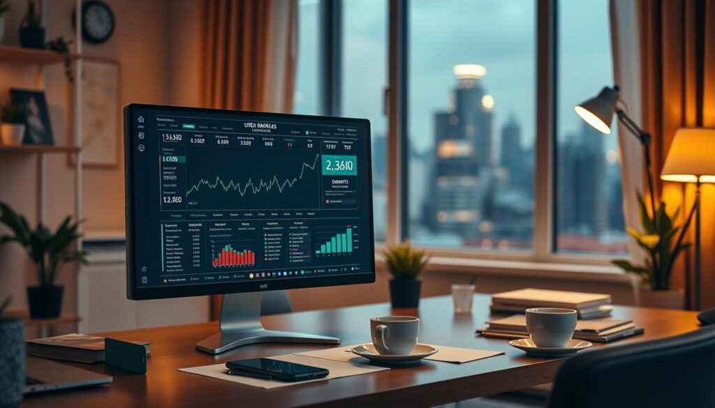 A cozy Ukrainian office with warm lighting and a modern, minimalist aesthetic. In the foreground, a computer screen displays trading costs and brokerage fees, with sleek infographics and charts. On the desk, a smartphone, a cup of coffee, and a neatly organized workspace. The middle ground features a window overlooking a city skyline, hinting at the global nature of the financial markets. The background is softly blurred, emphasizing the focus on the financial details. The overall mood is one of professionalism, efficiency, and a sense of trust in the local brokerage services.