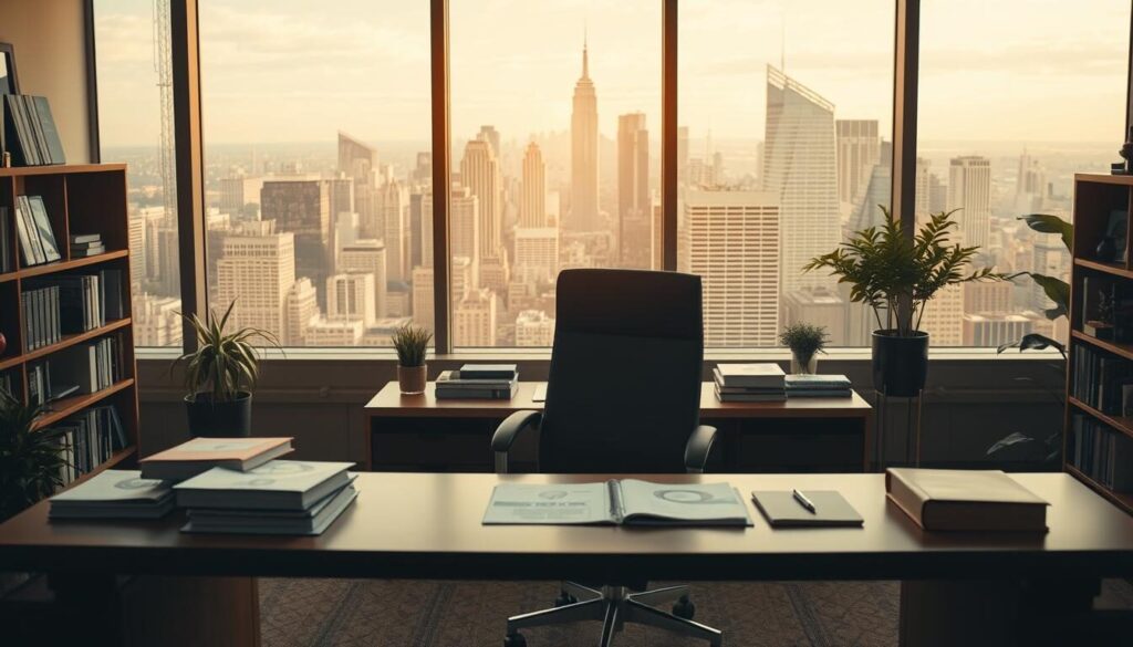 A cozy and welcoming office environment, with a large desk and a comfortable office chair in the foreground. On the desk, there are various educational resources, such as books, folders, and a laptop, suggesting a dedicated space for customer support and learning. The middle ground features a warm, inviting lighting, with a large window overlooking a bustling city skyline in the background. The overall atmosphere is one of professionalism and a commitment to providing high-quality customer service and educational resources.