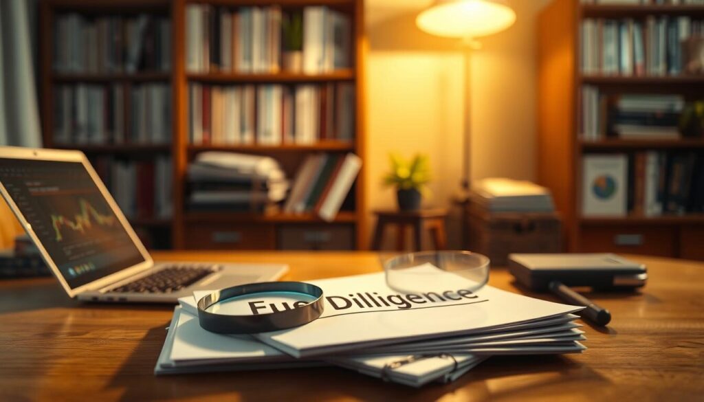 A cozy home office setting with a wooden desk, a laptop, and a stack of papers labeled "Forex Due Diligence Tools". In the foreground, a magnifying glass examines the documents, conveying a sense of careful research and investigation. Warm, directional lighting illuminates the scene, casting soft shadows and creating a contemplative atmosphere. The background depicts a bookshelf filled with financial publications, adding a sense of expertise and credibility to the image. The overall composition suggests a thoughtful, methodical approach to evaluating potential forex brokers, in line with the article's focus on implementing due diligence.