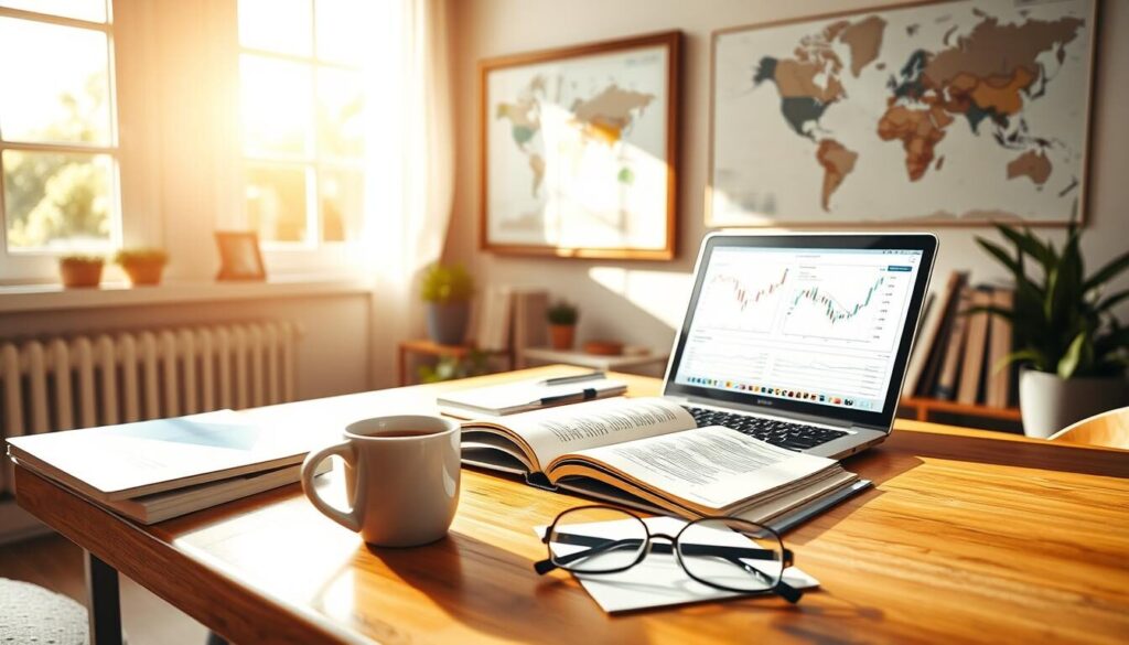 A cozy, sunlit home office with a laptop, books, and charts on a clean, wooden desk. In the foreground, a cup of coffee and a pair of reading glasses. On the walls, framed forex analysis diagrams and a world map. The lighting is warm and natural, creating a contemplative atmosphere. The overall scene conveys expertise, focus, and a commitment to financial education and market research.