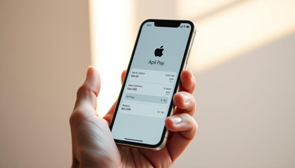 A crisp, clean depiction of an Apple Pay transaction interface on a sleek, silver smartphone. The screen displays a prominent Apple Pay logo, with transaction details and fees clearly visible in a simple, elegant layout. The device is held in a well-manicured hand against a blurred, minimalist background, emphasizing the focus on the financial transaction. Soft, directional lighting casts a warm glow, creating a sense of professionalism and trust. The overall composition conveys a seamless, secure payment experience with transparent costs.