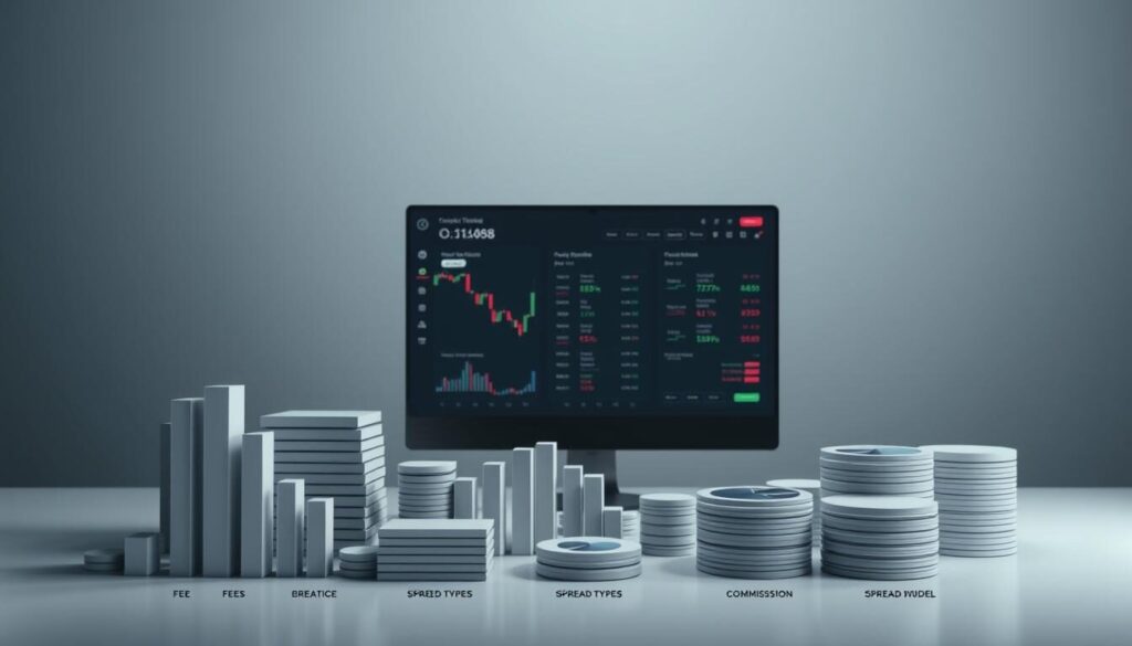 A crisp, clean infographic on forex trading fees, with a minimalist, data-driven aesthetic. In the foreground, an array of neatly stacked bar graphs and pie charts depicting various fee structures, spread types, and commission models. The middle ground showcases a sleek, modern trading platform interface, highlighting key fee-related metrics and calculations. The background is a muted, gradient-based color scheme, drawing the viewer's attention to the informative visual elements. Soft, directional lighting casts subtle shadows, adding depth and dimensionality to the composition. The overall mood is one of clarity, precision, and a deep understanding of the complex world of forex trading costs.