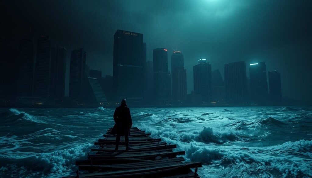 A dark, ominous cityscape at night, with towering skyscrapers casting long shadows over a choppy, turbulent sea. The water is a swirling, foreboding hue, with whitecaps crashing against the shore. In the foreground, a lone figure stands on a rickety, dilapidated pier, their silhouette barely visible against the looming buildings. The scene is illuminated by a harsh, flickering fluorescent light, casting an eerie, unsettling glow. The atmosphere is one of uncertainty, danger, and the potential for financial ruin. Realistic, cinematic lighting and composition, with a focus on the contrast between the powerful, unforgiving nature of the sea and the imposing, faceless structures of the offshore financial district.