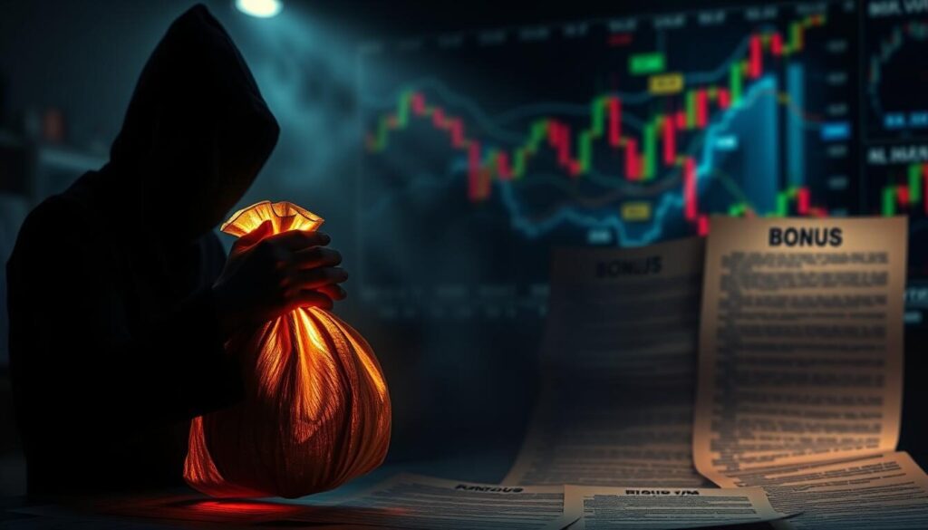 A dark, ominous scene depicting the risks of forex trading bonuses. In the foreground, a shadowy figure clutches a glowing, golden sack of money, casting an eerie, manipulative glow. In the middle ground, a tangle of fine print and legal disclaimers obscure the true terms of the "bonus" offer. The background is a blurred, chaotic landscape of volatile forex charts and graphs, hinting at the unpredictable and treacherous nature of the market. The lighting is dramatic, with deep shadows and highlights that evoke a sense of foreboding and uncertainty. The overall mood is one of cautionary warning, urging the viewer to carefully evaluate any promotional offers from forex brokers.