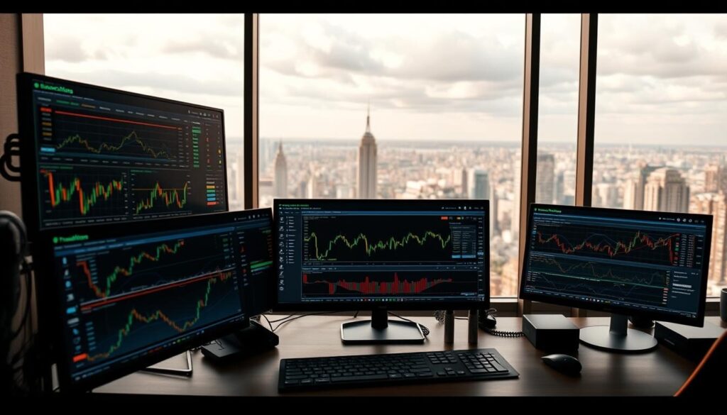 A desktop workspace with an array of trading platforms and charting tools laid out in a clean, organized manner. In the foreground, sleek and intuitive interface panels displaying real-time financial data, stock charts, and technical indicators. In the middle ground, a large monitor showcasing a comprehensive multi-asset trading platform with customizable layouts and advanced analytical capabilities. The background features a panoramic view of a vibrant cityscape, hinting at the global nature of the financial markets. Warm, natural lighting filters through the workspace, creating a calm and focused atmosphere for active trading and market analysis.