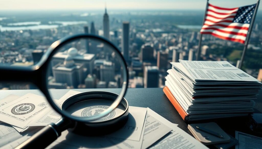 A detailed aerial view of the United States mainland, with a focus on regulatory compliance symbols and iconography. The foreground depicts a magnifying glass hovering over a cluttered desk, with stacks of documents, stamps, and seals reflecting the complex web of US financial regulations. The middle ground showcases a birds-eye view of major cities, their skylines dotted with government buildings and corporate headquarters. In the background, an American flag waves gently, symbolizing the national framework that governs the forex trading industry. The lighting is crisp and professional, with a subtle hint of blue tones conveying a sense of authority and oversight. The overall composition aims to capture the intersection of federal regulations, corporate compliance, and the forex market within the United States.