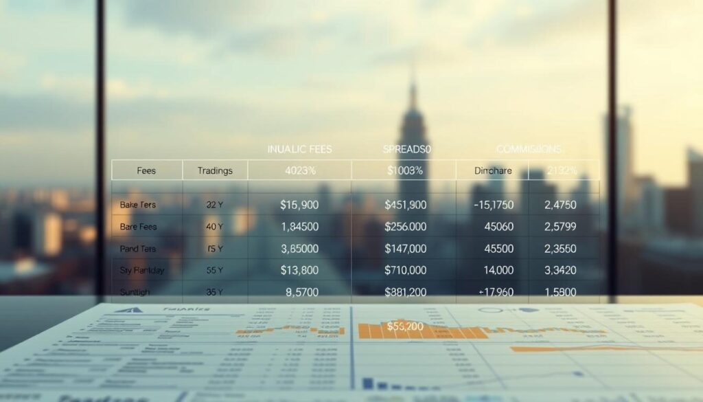 A detailed analytical comparison of trading fees, spreads, and commissions, showcased against a sleek, minimalist backdrop. The foreground features a clean grid-like layout of financial data, with crisp typography and carefully selected color palettes to highlight key metrics. The middle ground introduces geometric shapes and patterns, subtly evoking the dynamic nature of the financial markets. In the background, a softly blurred cityscape or abstract landscape provides a sense of depth and context, creating an overall impression of professionalism, clarity, and data-driven decision making.