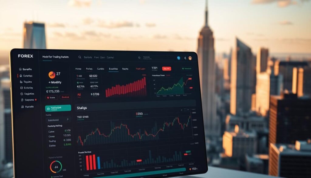 A detailed and informative image showcasing the key benefits of a Forex trading account. A sleek, modern dashboard interface dominates the foreground, displaying various financial data and analytics tools. In the middle ground, animated charts and graphs illustrate the account's performance and growth potential. The background features a cityscape with towering skyscrapers, conveying the high-stakes world of global currency markets. Warm, natural lighting casts a professional, authoritative tone, while the composition emphasizes the convenience, control, and financial empowerment offered by a cutting-edge Forex trading account.