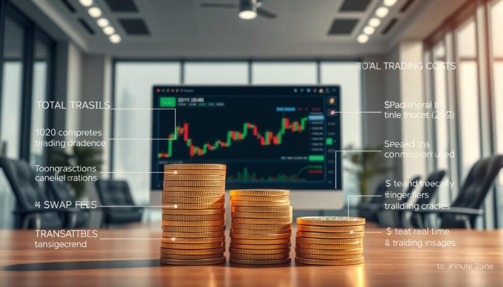 A detailed and informative infographic depicting the various components of forex trading costs. In the foreground, a stack of gold coins represents the total trading costs, with distinct segments illustrating the breakdown of spreads, commissions, swaps, and other fees. The middle ground features a stylized forex trading platform interface, showcasing real-time market data and transaction details. In the background, a sleek, modern office setting with large windows provides a professional and authoritative atmosphere. The lighting is soft and directional, creating depth and emphasizing the key visual elements. The overall composition conveys a sense of financial expertise, transparency, and the importance of understanding the true costs associated with forex trading.