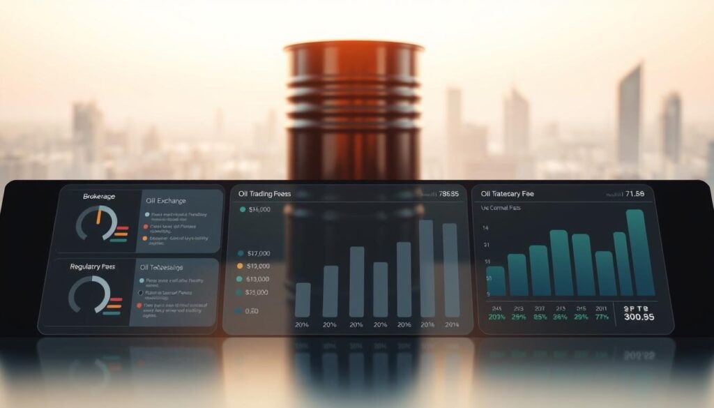 A detailed breakdown of oil trading fees displayed on a sleek, minimalist dashboard interface. The foreground features a series of infographic panels showcasing different fee components such as brokerage, exchange, and regulatory fees, presented with clear data visualizations and icons. The middle ground depicts a 3D model of a crude oil barrel, casting subtle reflections on the dashboard surface. The background is a softly blurred cityscape, suggesting the global financial landscape in which oil trading takes place, lit by a warm, balanced lighting that enhances the professional, technical mood.