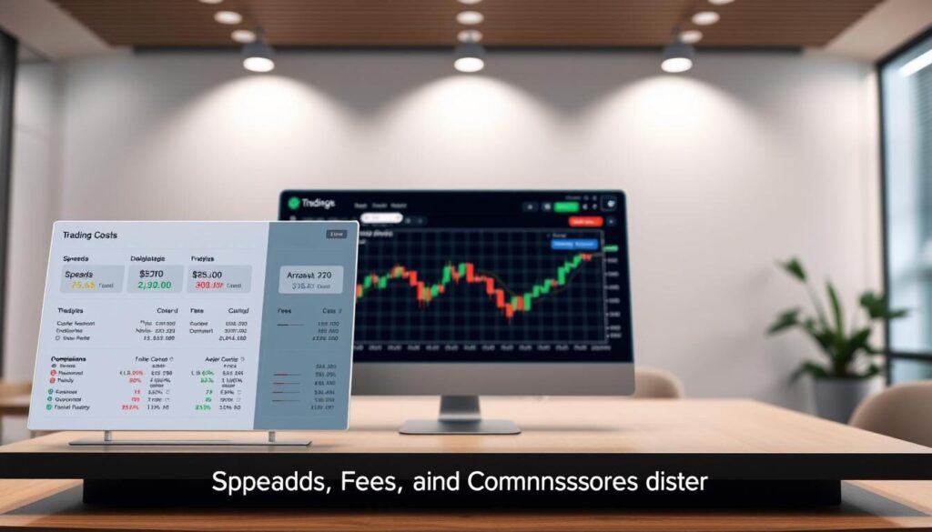 A detailed breakdown of trading costs, displayed on a sleek and modern financial dashboard. The foreground features a clean, infographic-style visualization of various cost components such as spreads, fees, and commissions, presented in a clear and intuitive manner. The middle ground showcases a trading platform interface, with a focus on the cost analysis section. The background depicts a minimalist office setting, with subtle lighting and a neutral color palette to create a professional, analytical atmosphere. The overall composition conveys a sense of transparency and attention to financial details, suitable for illustrating the "Spreads, Fees, and Commissions Explained" section of the article.