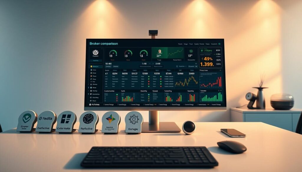 A detailed broker comparison displayed on a sleek, modern desktop setup. In the foreground, a row of broker logos and icons arranged neatly, highlighting key features like spreads, leverage, and asset selection. In the middle ground, a comprehensive data visualization dashboard showcasing comparative metrics and performance analytics. The background features a minimal, elegant workspace with a large monitor displaying the comparison, bathed in warm, directional lighting that creates a professional, authoritative atmosphere.