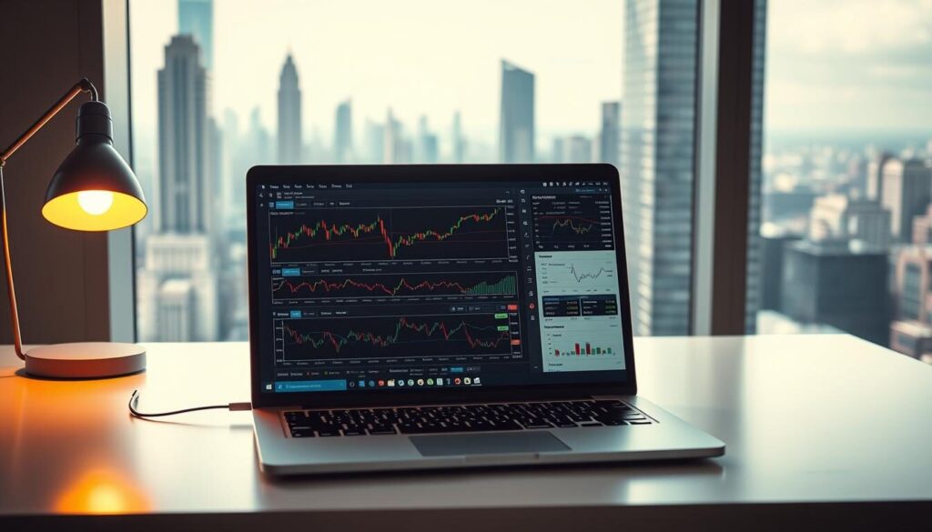 A detailed buyer's guide with forex trading strategies and tools, displayed on a sleek silver laptop against a minimalist desk setup. Warm lighting from a desk lamp casts a soft glow, while the screen shows various charts, indicators, and trading platform interfaces. In the background, a window overlooks a bustling financial district, with skyscrapers and a cityscape visible. The overall atmosphere conveys a sense of professionalism, expertise, and a deep understanding of the forex market.