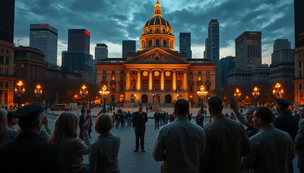 A detailed cityscape at dusk, depicting a group of authoritative figures gathered in a plaza. The foreground shows concerned individuals, hands raised, interacting with uniformed personnel representing financial regulatory bodies. The middle ground features a large government building with an ornate facade, illuminated by warm streetlights. The background is a skyline of skyscrapers, conveying a sense of the financial district. The overall mood is one of tension and resolve, as the authorities work to address the aftermath of a forex-related scam. The lighting is a mix of natural dusk tones and artificial illumination, creating a chiaroscuro effect. The camera angle is slightly elevated, offering a panoramic view of the scene.