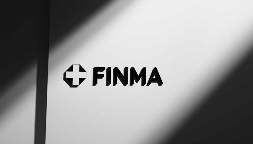 A detailed close-up shot of the FINMA (Swiss Financial Market Supervisory Authority) logo, rendered in a high-contrast, monochromatic style using dramatic lighting and a shallow depth of field. The logo appears against a hazy, blurred background, conveying a sense of official authority and regulatory oversight. The lighting casts sharp shadows, emphasizing the prominent Swiss cross and angular design elements of the logo. The image has a serious, formal tone, reflecting the importance and gravitas of FINMA's role in overseeing the Swiss financial market.