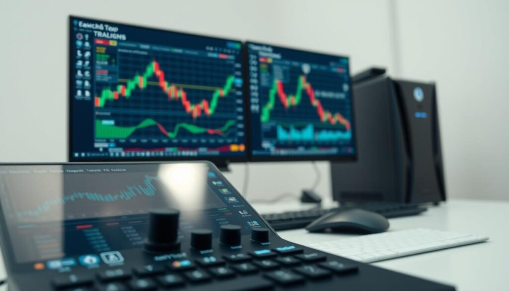 A detailed close-up view of various trading tools used by the forex broker Eightcap. In the foreground, a sleek, modern trading platform interface with intuitive controls and customizable charts. In the middle ground, an array of analytical tools like candlestick patterns, trend lines, and technical indicators. In the background, a clean, minimalist setup with a high-end desktop computer, a dual-monitor display, and ergonomic peripherals. The lighting is soft and even, creating a professional, focused atmosphere. The overall impression is of a comprehensive, state-of-the-art trading suite tailored for the modern forex trader.