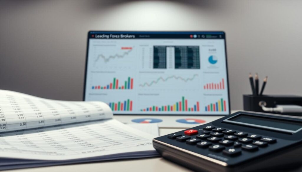 A detailed comparative analysis of trading fees, displayed on a clean, minimalist desk setup. In the foreground, a spreadsheet or calculator showcases numerical data, offering a clear, analytical view. In the middle ground, various financial charts and graphs illustrate the differences in fees across leading forex brokers, using a color-coded, visually intuitive design. The background features a muted, yet sophisticated color palette, with a sense of depth and perspective, creating a professional, well-researched atmosphere. Subtle lighting from above casts a soft, directional glow, highlighting the key information. The overall composition conveys a comprehensive, data-driven evaluation of the trading fees landscape.