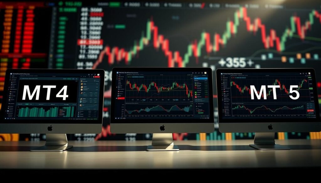 A detailed comparison analysis of the popular trading platforms MT4, MT5, and a proprietary brokerage option. The foreground shows the three platform interfaces side-by-side, with clean, minimalist UI elements and crisp, high-resolution graphics. The middle ground features a spectrum of technical indicators, charts, and trading tools, showcasing the diverse functionality of each platform. The background is a subtly blurred landscape of financial data, stock tickers, and abstract graph visualizations, creating a sense of analytical depth and market insight. The overall mood is professional, data-driven, and focused, with dramatic, directional lighting accentuating the key platform features.